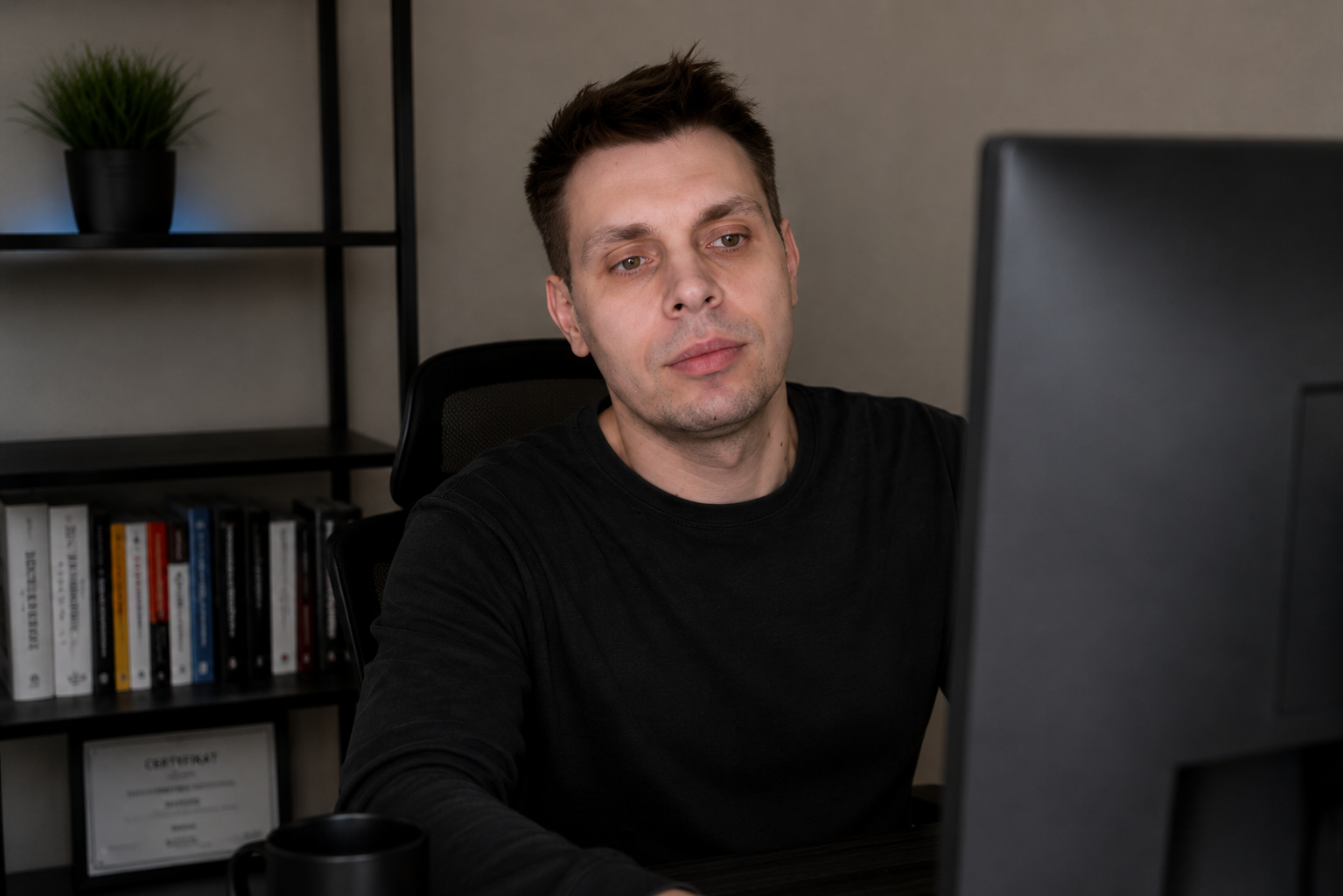 Łukasz Sobieraj przy komputerze